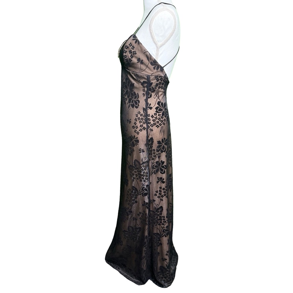 Vintage Y2K Flocked Floral Maxi Dress Spaghetti Strap Formal Evening USA 3 4 - Picture 3 of 8